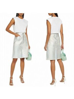 HELMUT LANG Iridescent Coated-denim High Waist Tailored Hip Silver Skirt